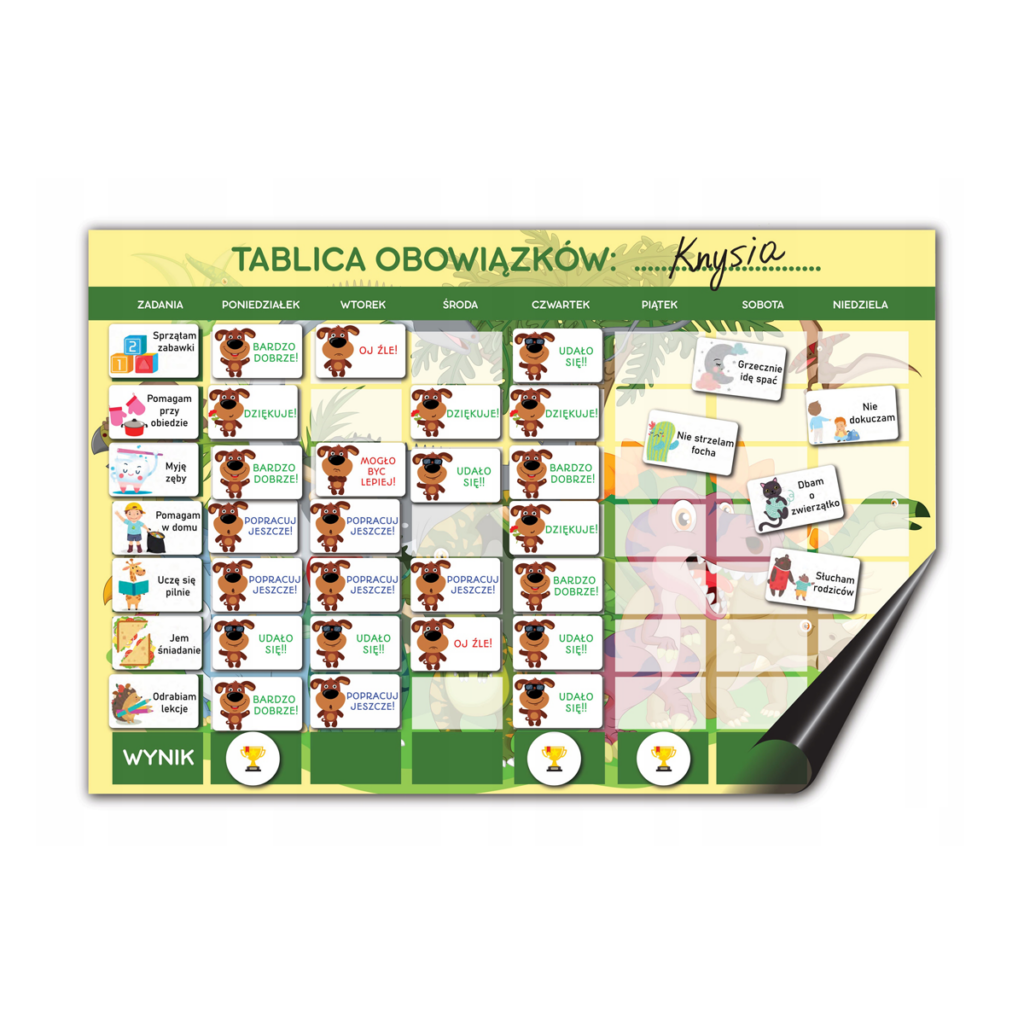 Motywacyjna tablica magnetyczna na lodówkę, tablica obowiązków DINOZAURY