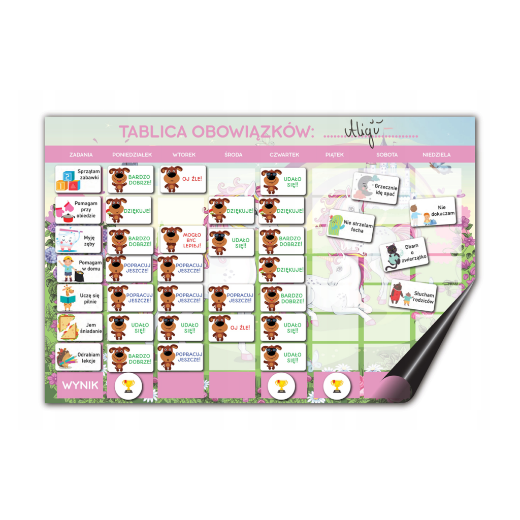 Motywacyjna tablica magnetyczna na lodówkę, tablica obowiązków JEDNOROŻCE