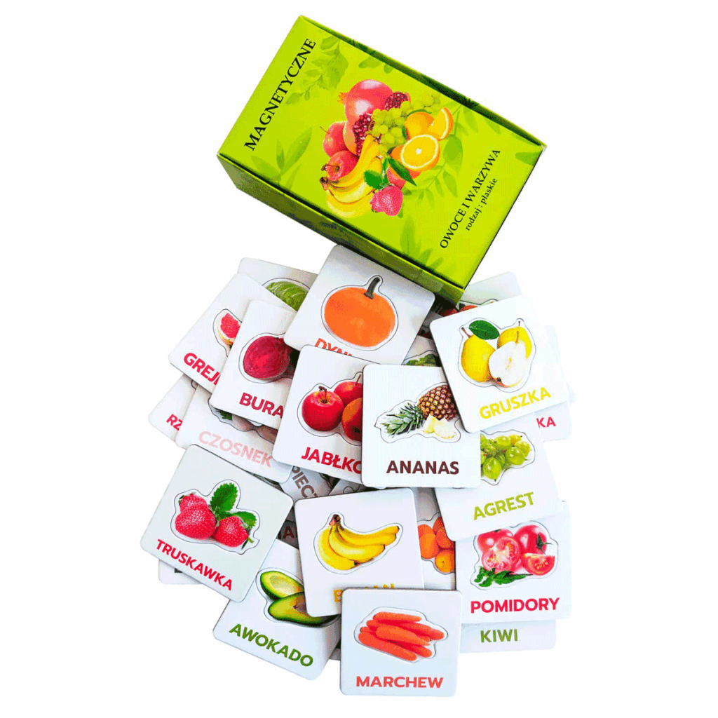 Magnesy Puzzle klocki Poznaję Owoce Warzywa 48 szt
